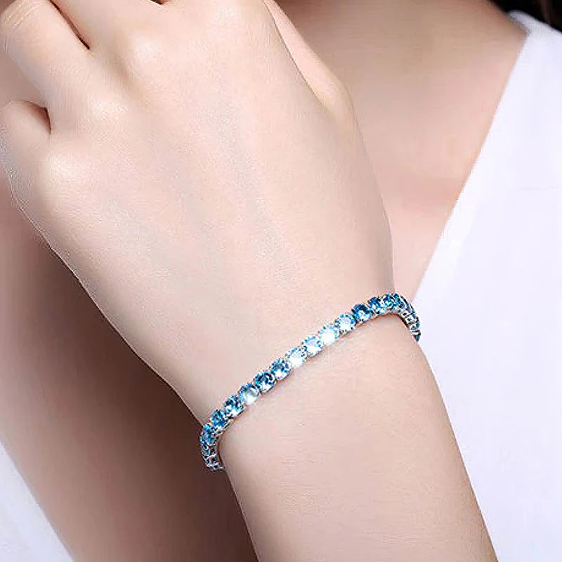 Anti Tarnish Round Cut Cubic Zirconia Blue Matrix Tennis Bracelet