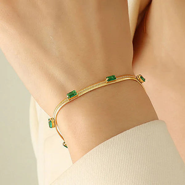 Luxn Anti Tarnish Gold Plated Snake Chain Green Emerald Studded Bracelet