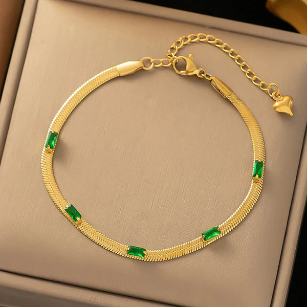 Luxn Anti Tarnish Gold Plated Snake Chain Green Emerald Studded Bracelet