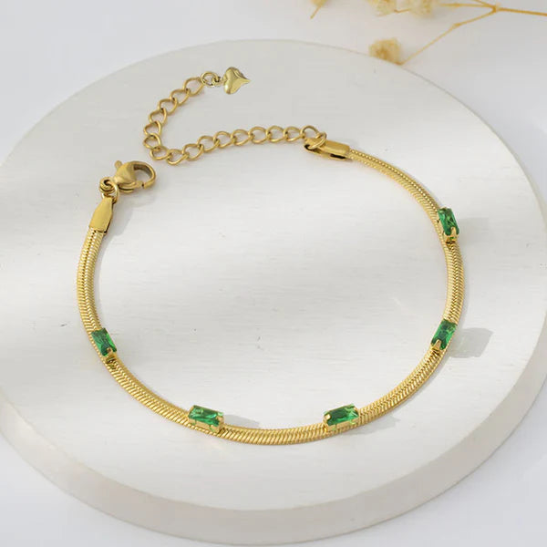 Luxn Anti Tarnish Gold Plated Snake Chain Green Emerald Studded Bracelet