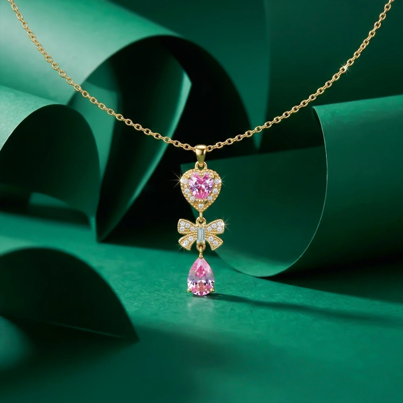 Anti Tarnish Korean Bow Crystal Gold Plated Necklace