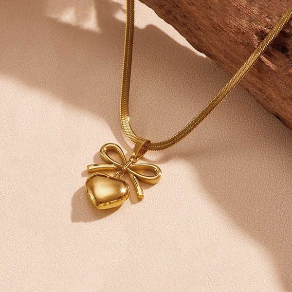 Bow Knot Heart Themed Gold Plated Anti Tarnish Pendant