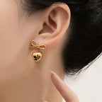 Anti-Tarnish Bow Heart Themed Gold Earrings