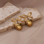 Anti-Tarnish Bow Heart Themed Gold Earrings