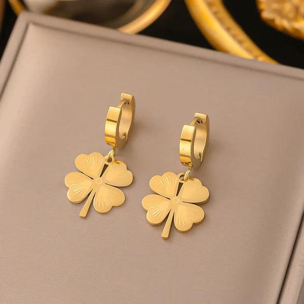 Anti-Tarnish Clover Themed Drop Gold Earrings - Luxn
