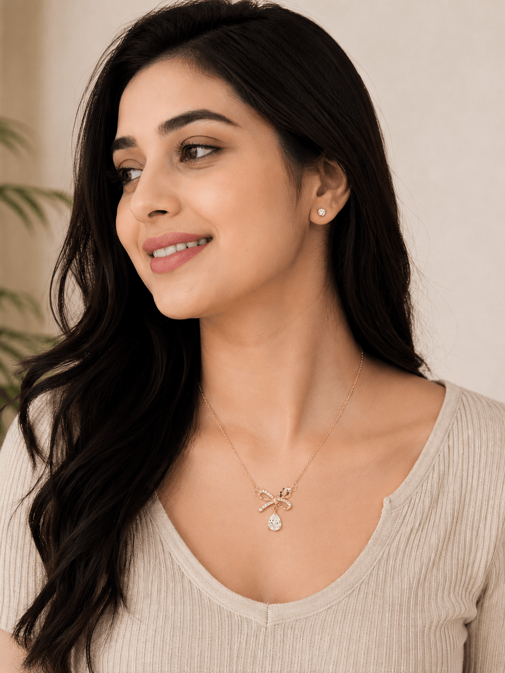 Anti Tarnish Elegant Bow Crystal Diamond & Gold Plated Pendant - Luxn
