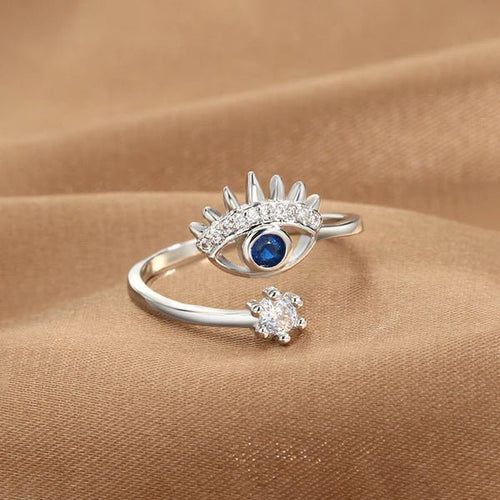 Anti Tarnish Evil Eye Themed Adjustable Silver Ring - Luxn