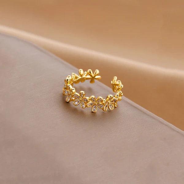 Anti-Tarnish Floral Themed Adjustable Gold Finger Ring - Luxn