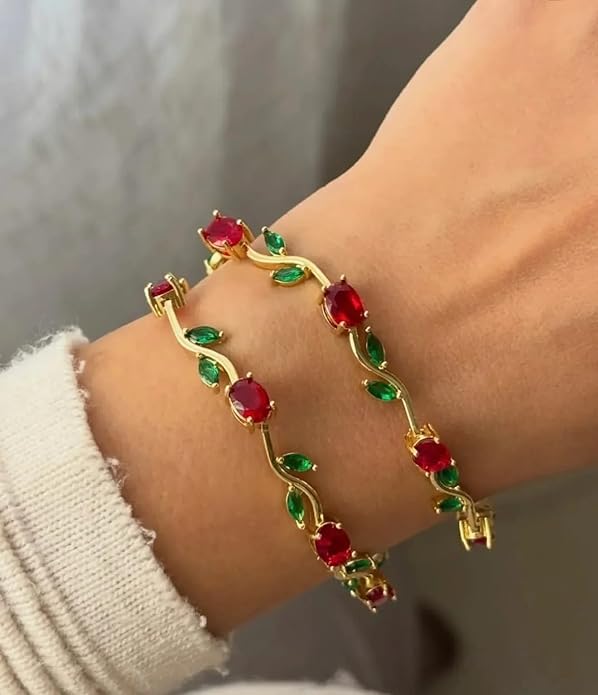 Anti-Tarnish Red Green Gold Tulip Bracelet - Luxn