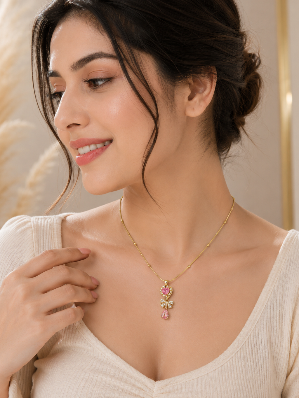 Anti Tarnish Korean Bow Crystal Gold Plated Necklace