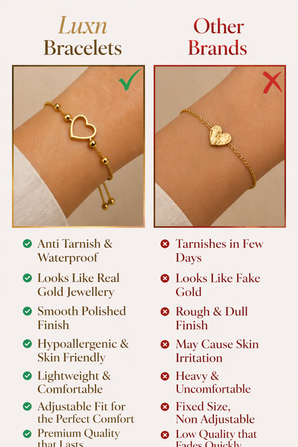 Anti-Tarnish Heart Themed Charm Gold Bracelet