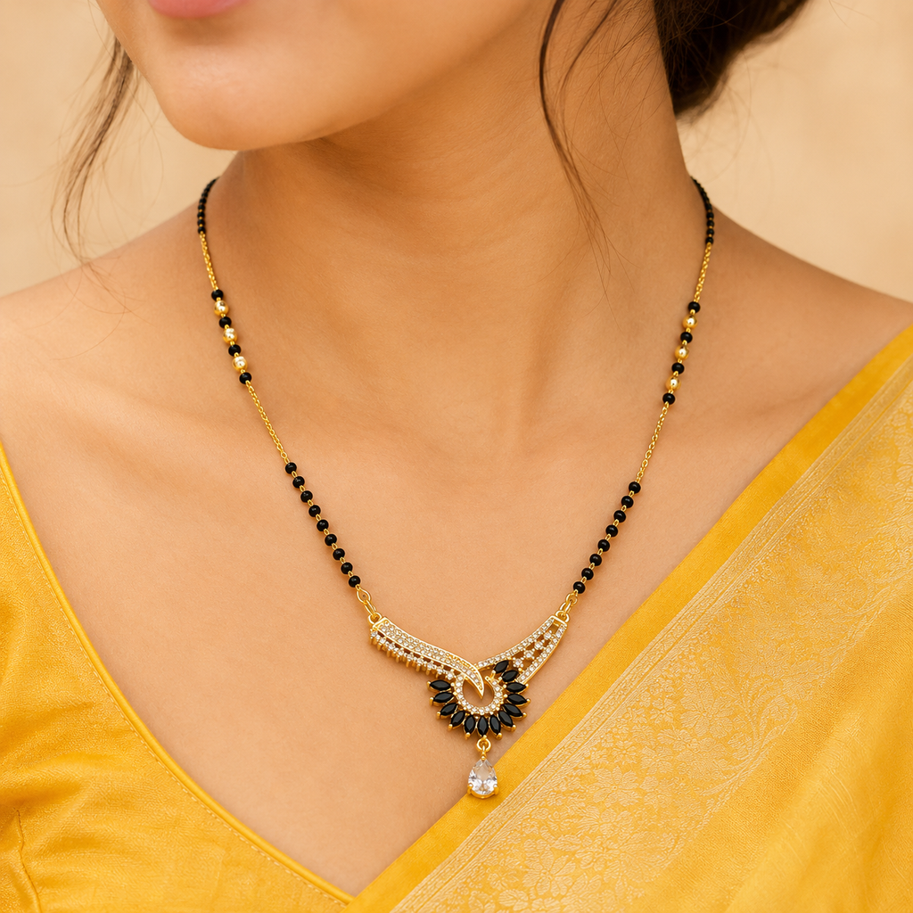 Anti Tarnish Sparkling Austrian Stone & Black Beads Mangalsutra